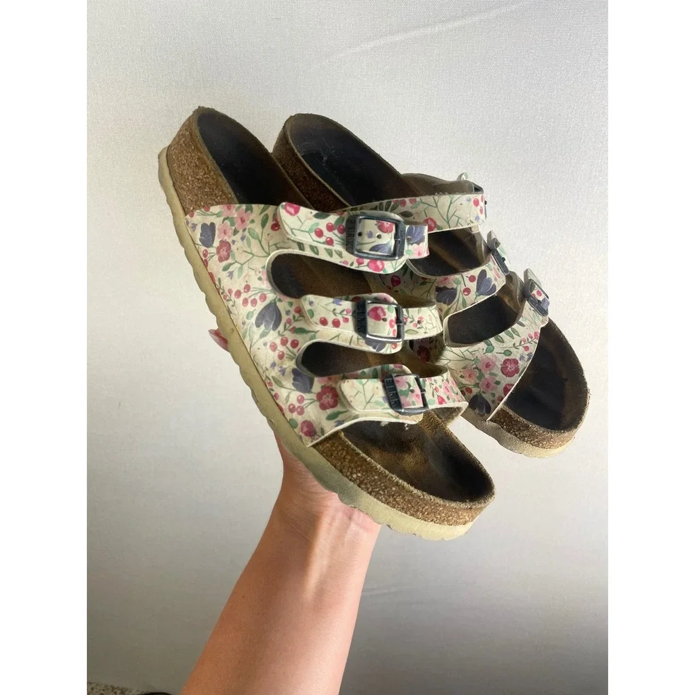 Birkenstock Florida Floral Three Strap Slide Sandals Cream Multicolor Size 36